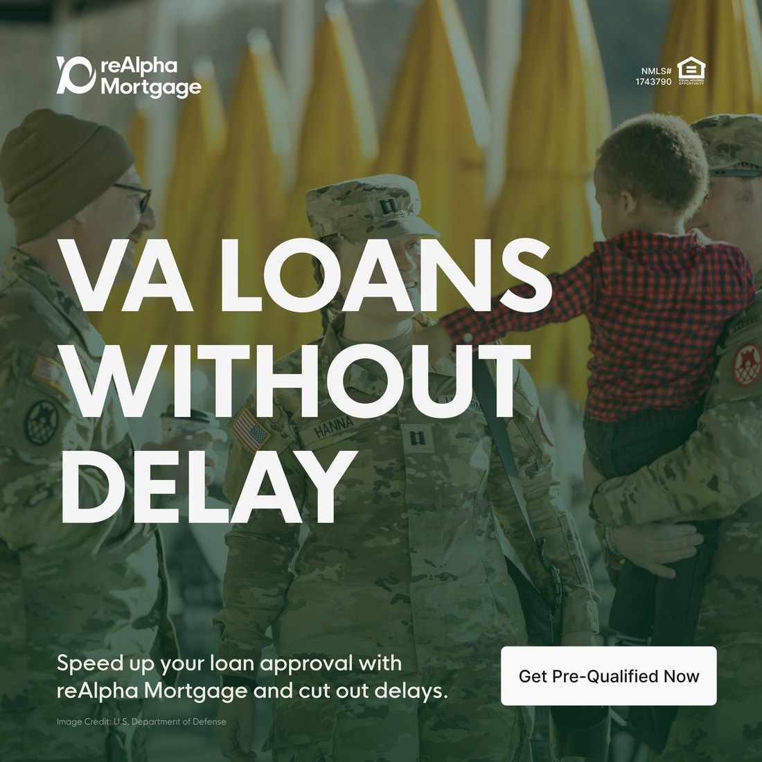 reAlpha Mortgage ad: VA Loans Without Delay. Speed up your loan approval with reAlpha Mortgage and cut out delays.
